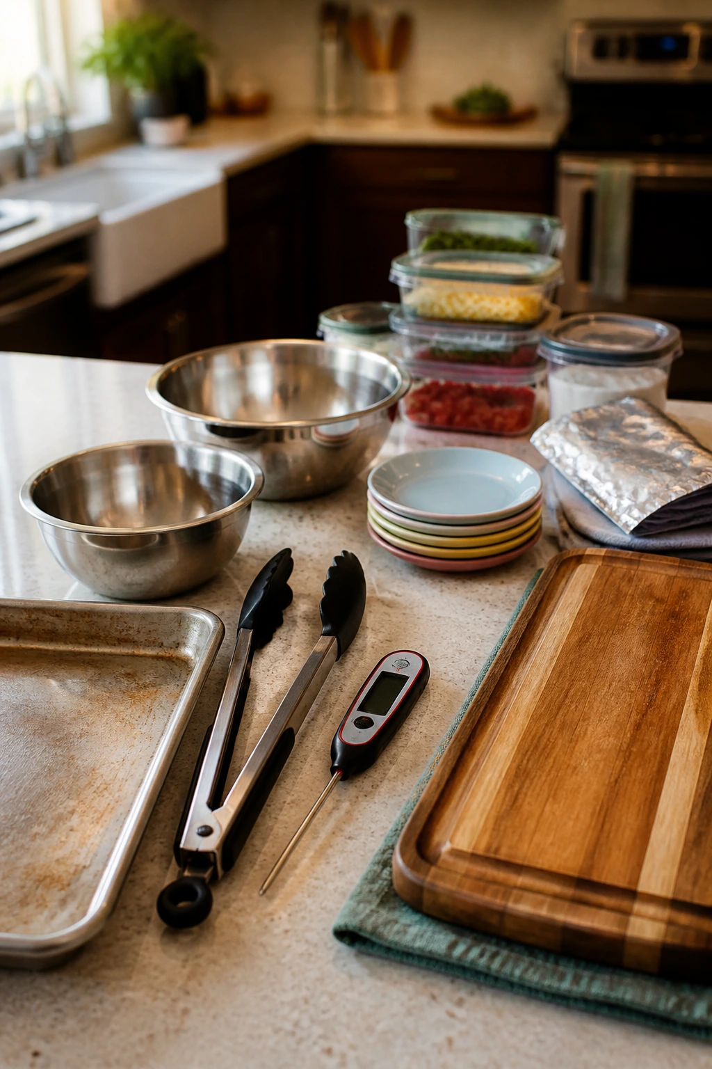 Tools and supplies arranged for easy meal assembly