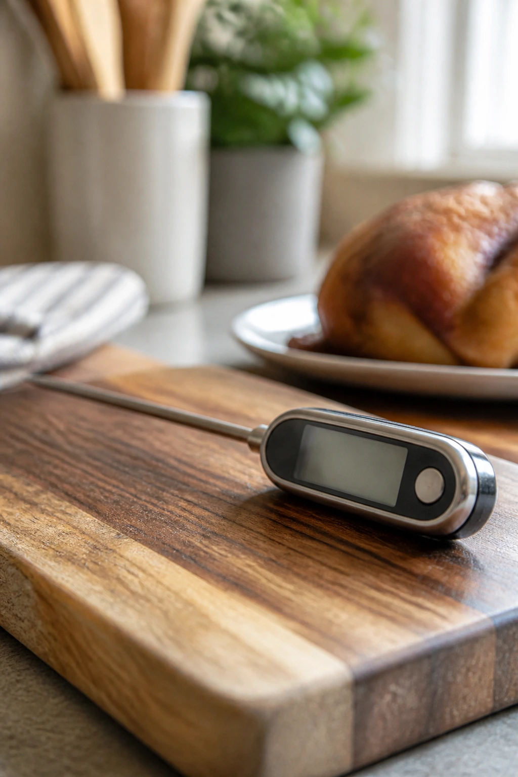 Instant-read thermometer on cutting board in a kitchen