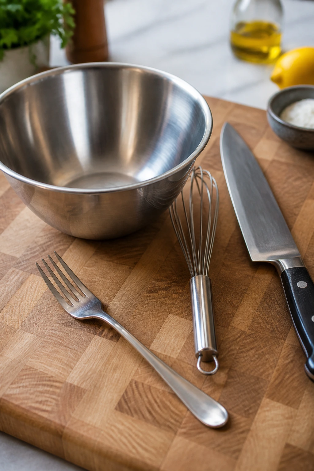 Essential kitchen tools on cutting board