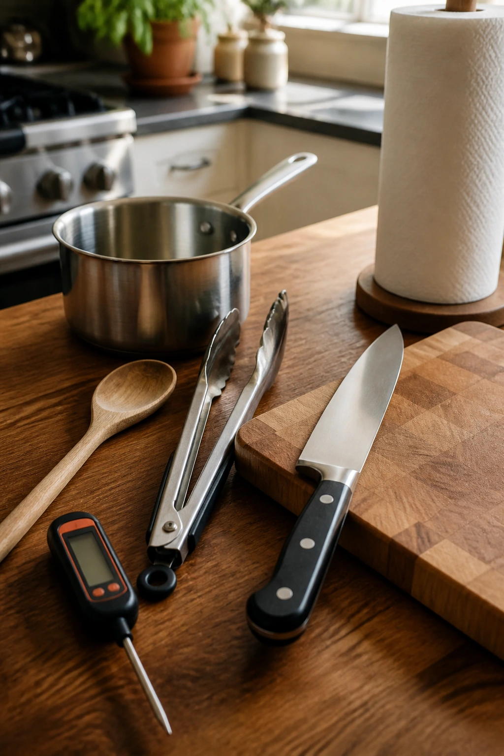Collection of kitchen tools on a wooden counter