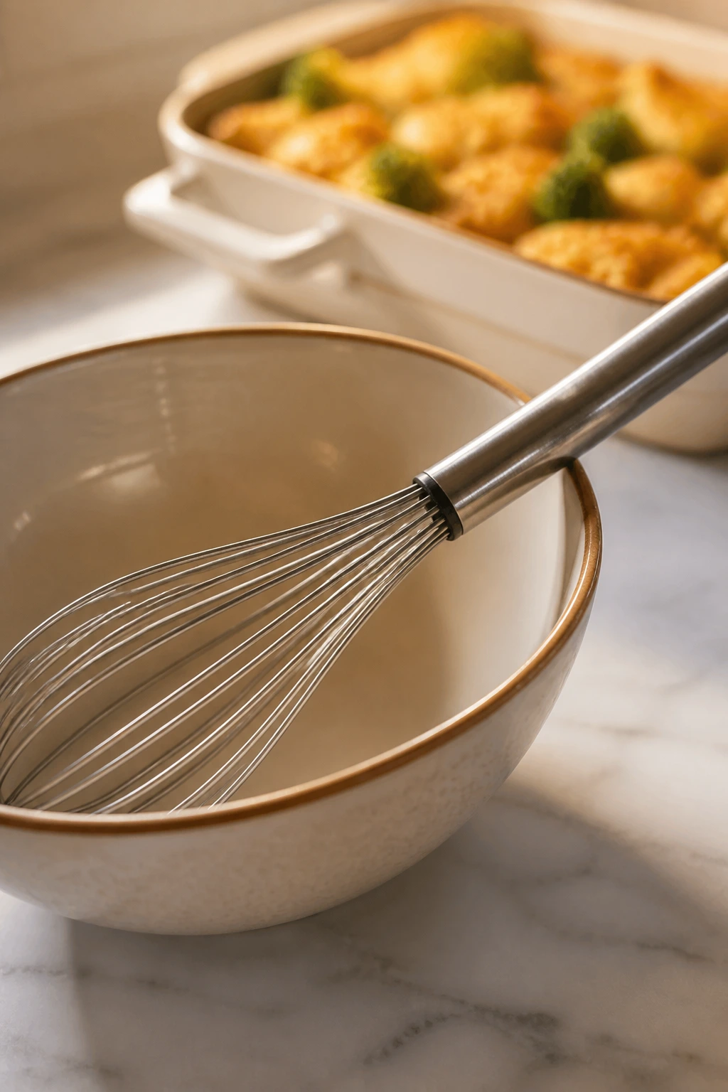 Whisk and bowl ready for sauce preparation in warm kitchen