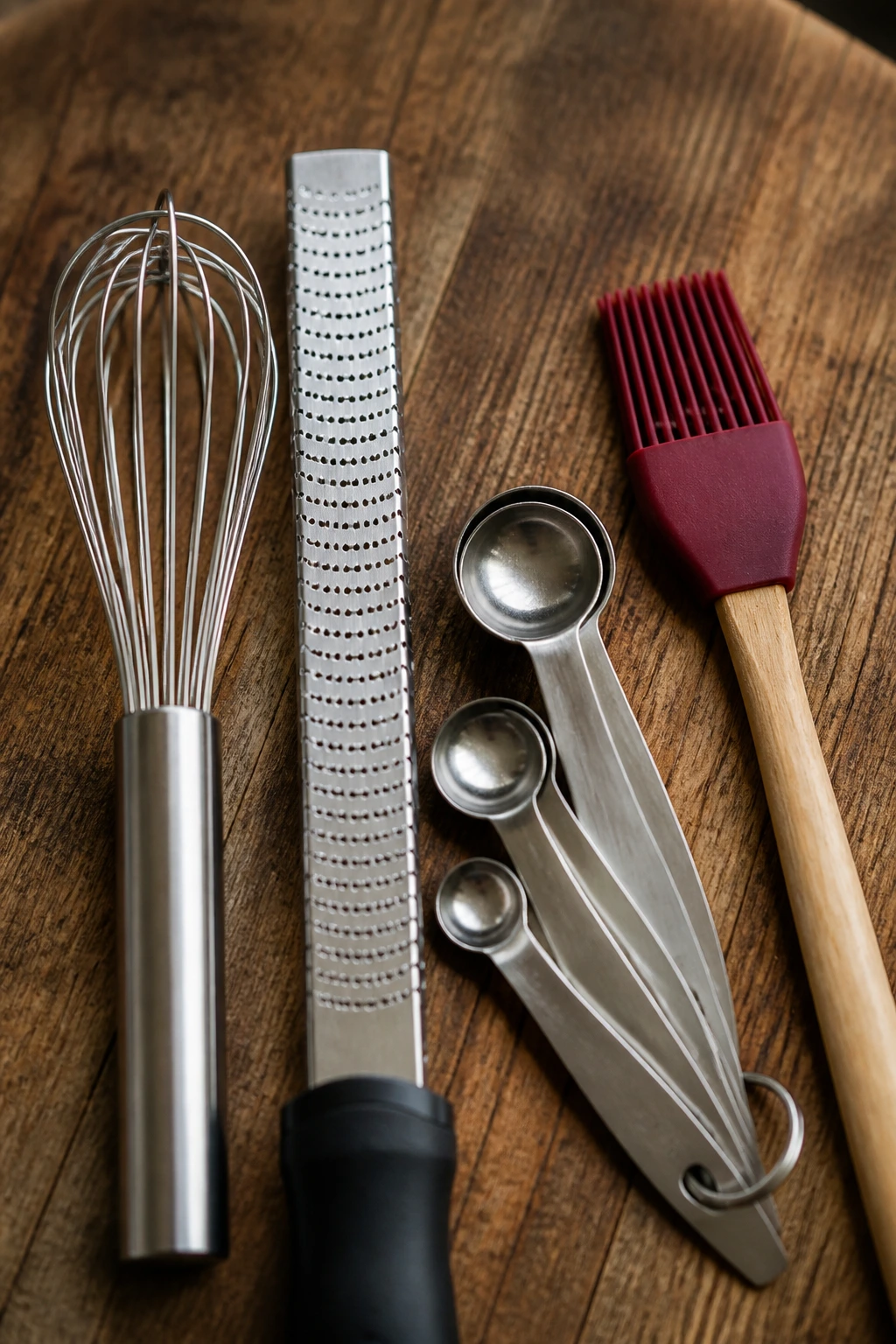 Whisk, microplane, measuring spoons, and silicone brush on wood