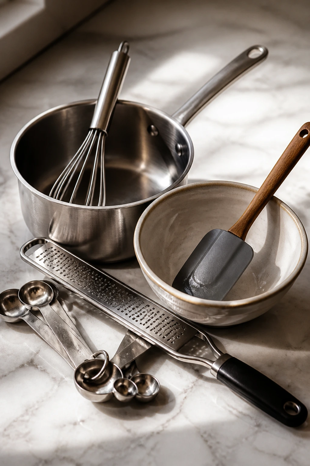 Top-down view of essential kitchen tools for sauce prep arranged neatly