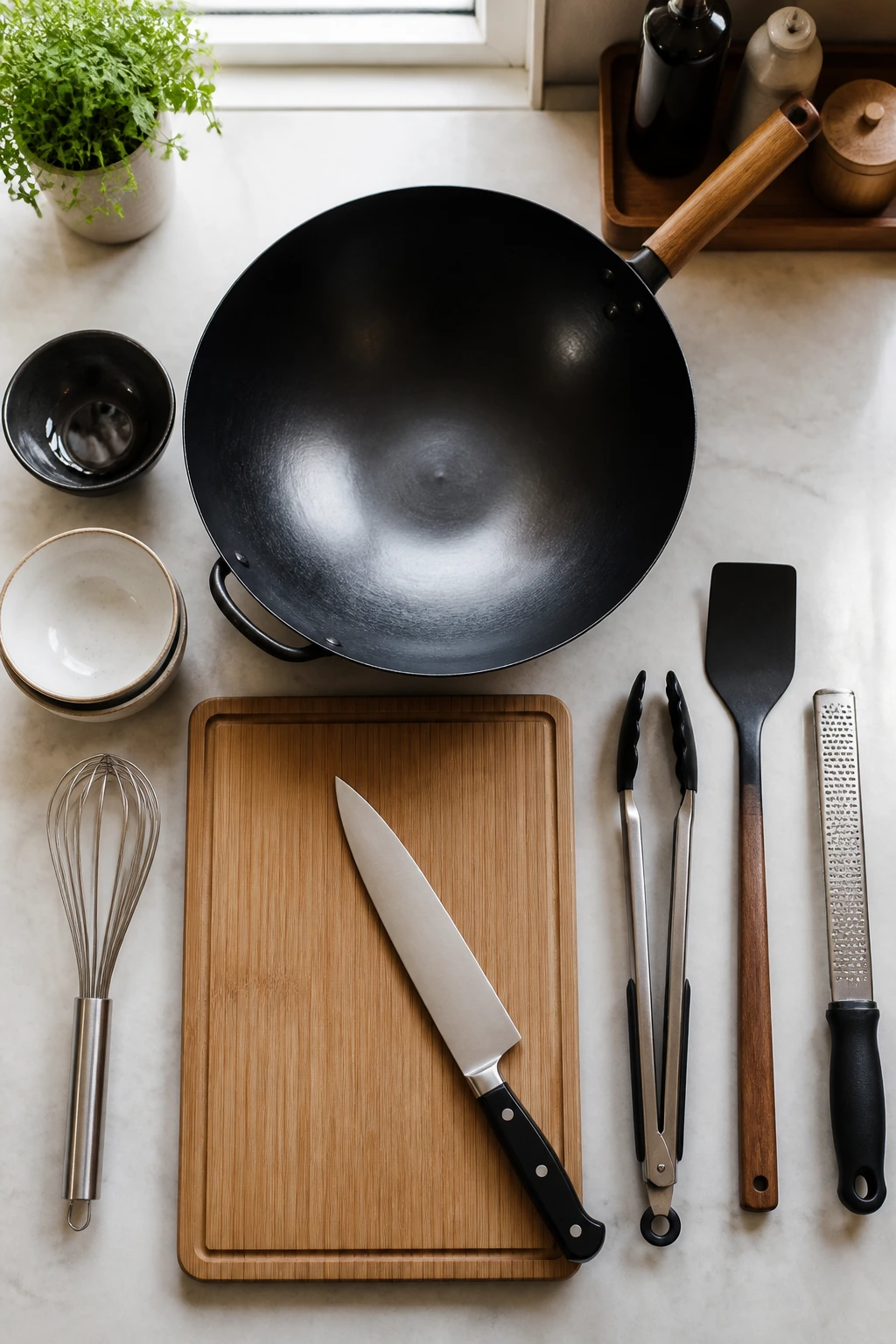 Top-down view of wok, knife, whisk, tongs and bowls arranged on counter