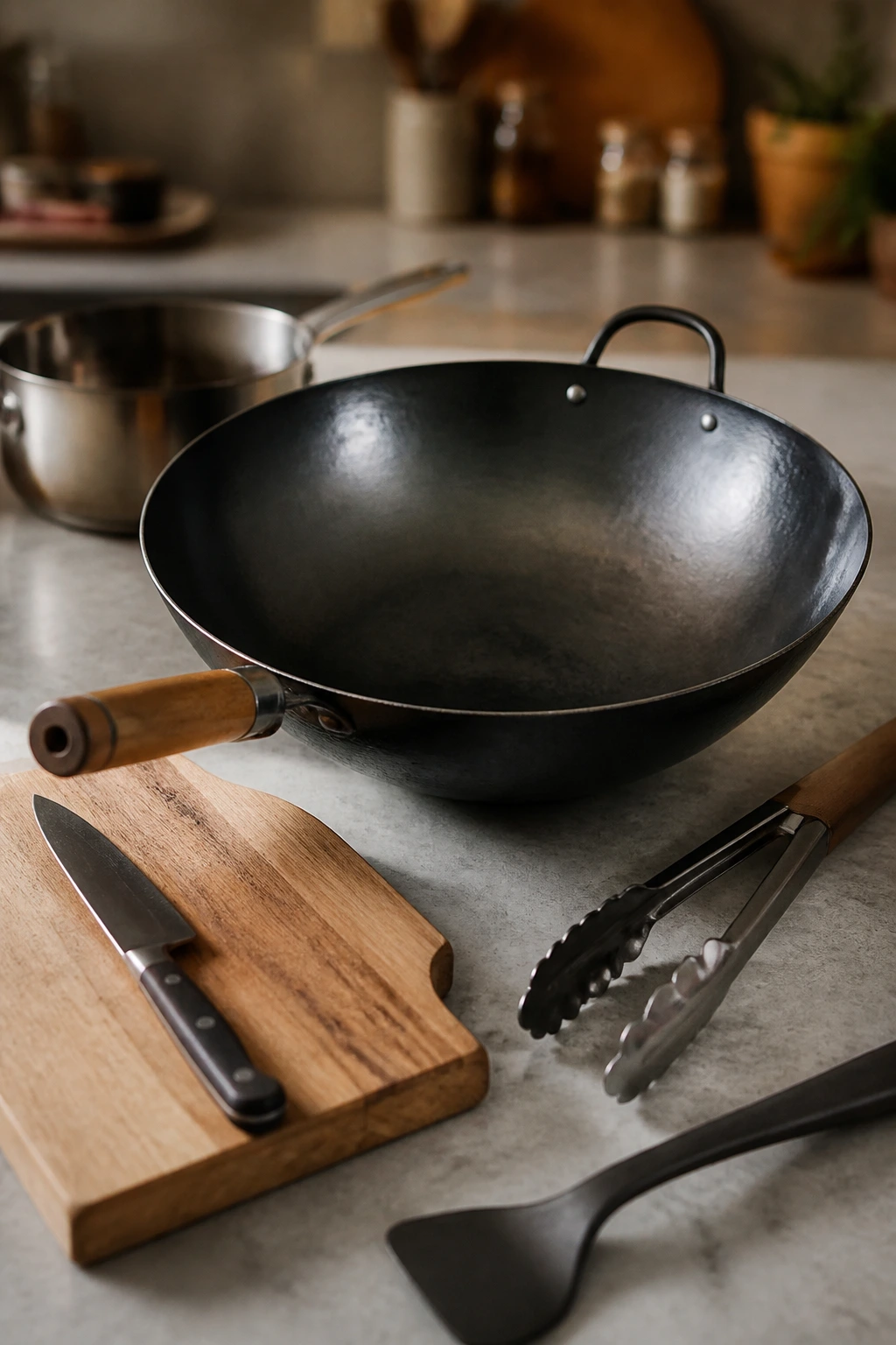Wok and essential kitchen tools arranged on a counter