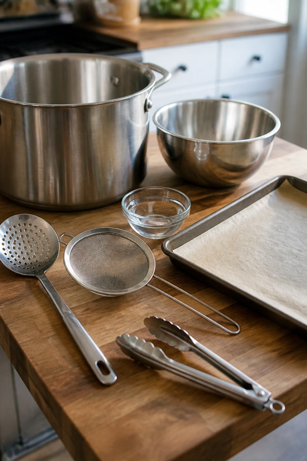Collection of essential wonton soup kitchen tools on wood
