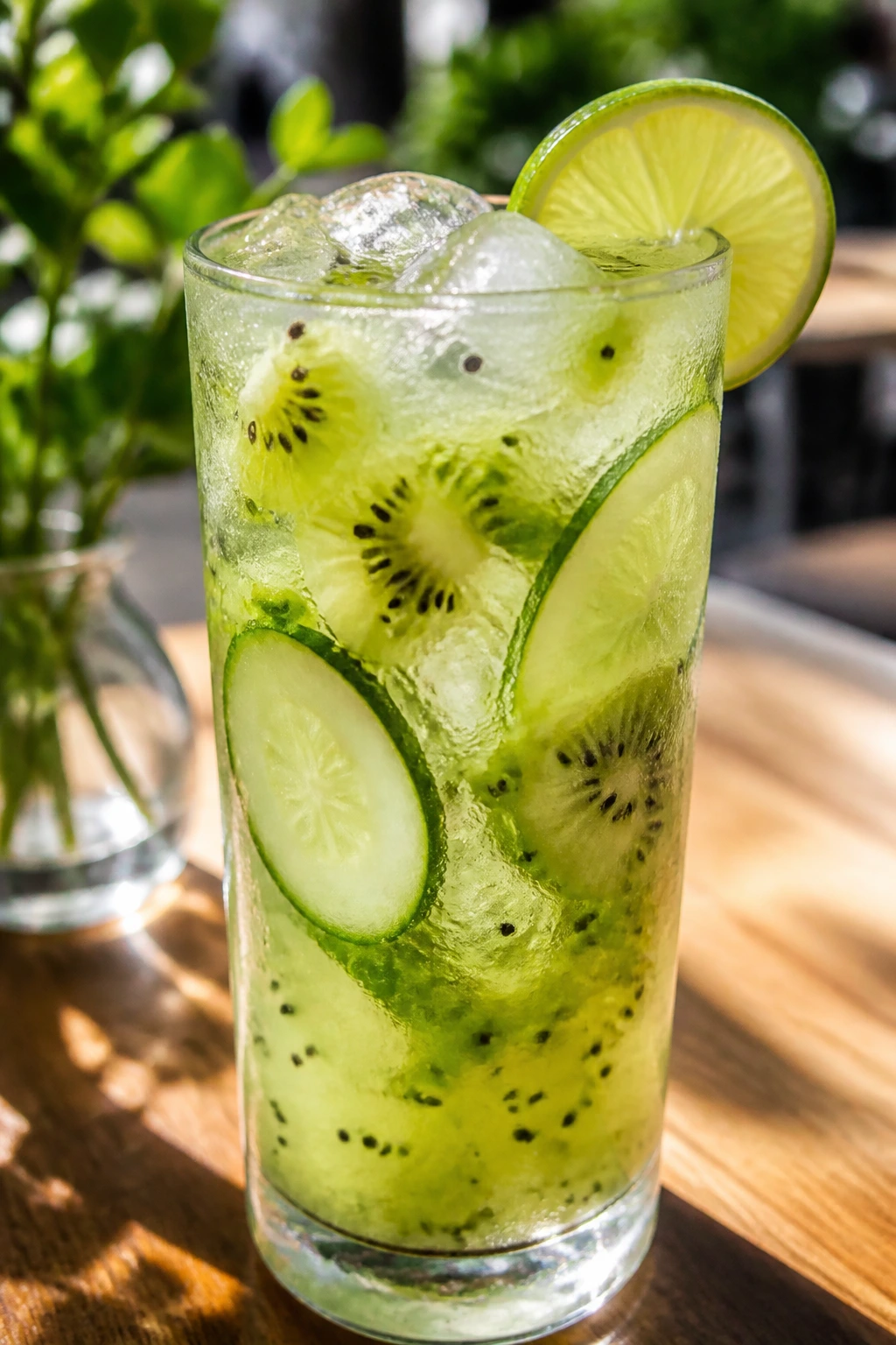 Close-up of Kiwi Cucumber Cooler in a tall glass with kiwi and cucumber