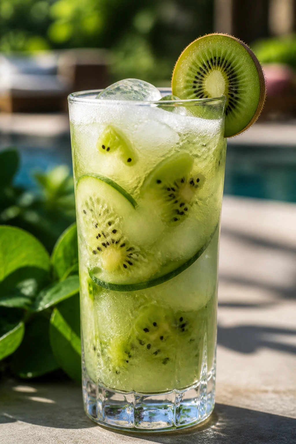 Close-up of kiwi cucumber gin cooler in a highball glass with kiwi and cucumber visible