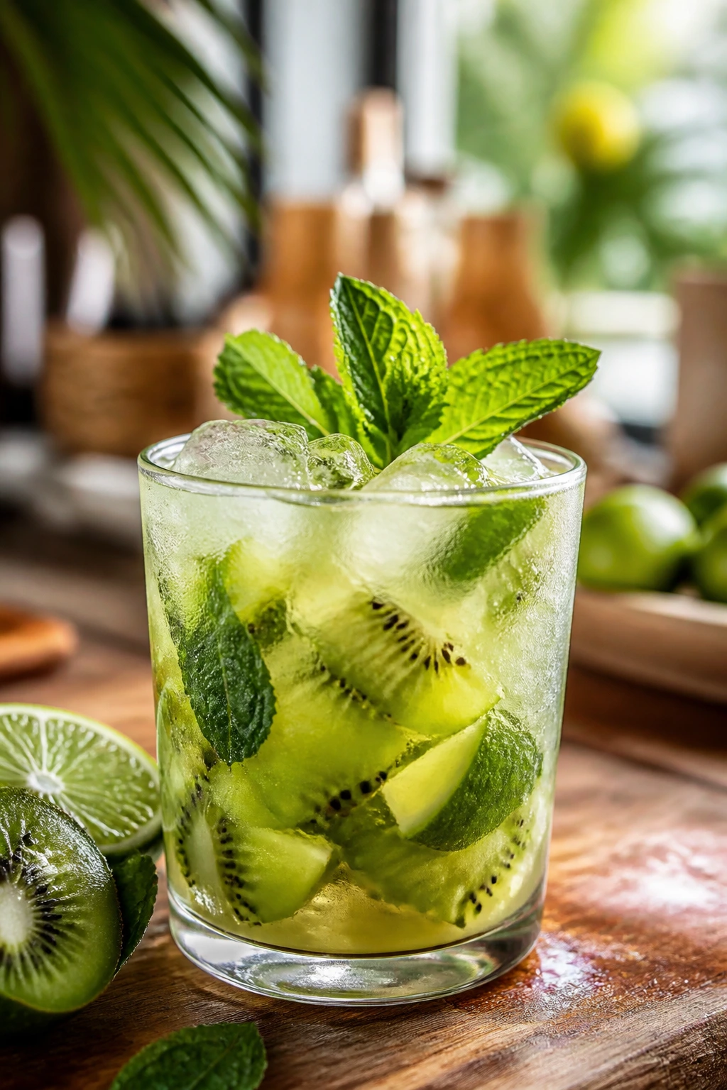 Kiwi lime rum smash in a glass with muddled kiwi and mint