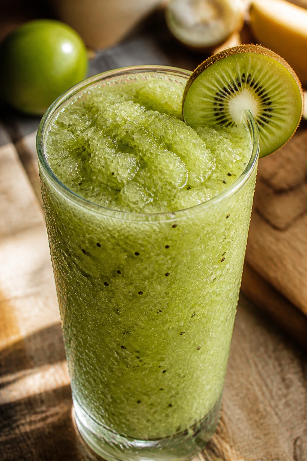 Close-up of kiwi lime slush in a glass with kiwi garnish on a wooden counter