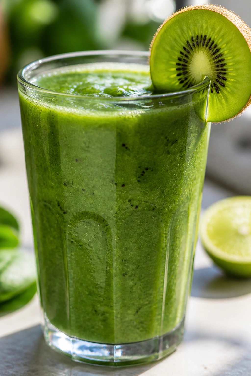Vivid green kiwi-lime smoothie with kiwi garnish on rim