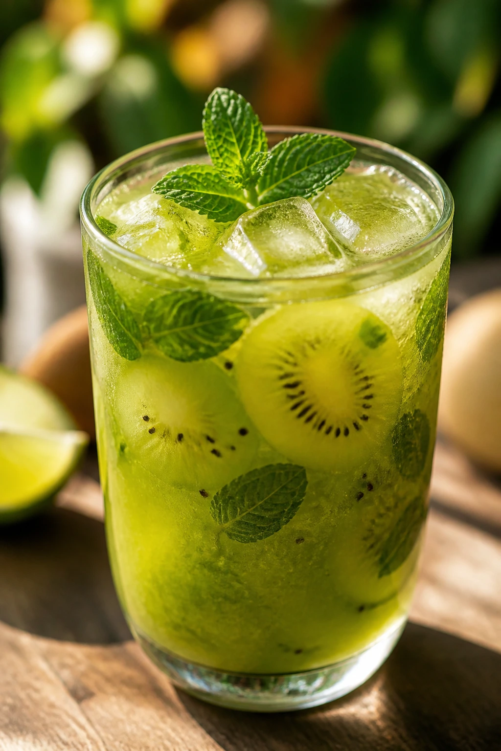 Close-up of kiwi mint agua fresca in a glass with mint leaves