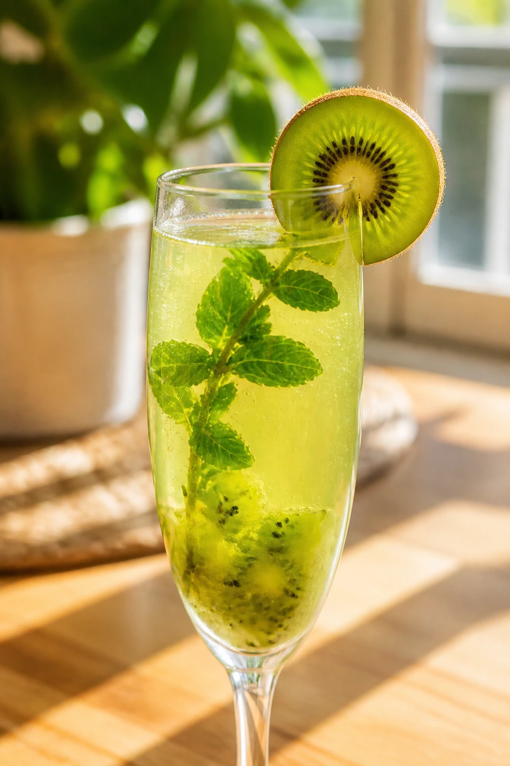 Close-up of Kiwi Mint Mimosa in a flute with kiwi slice and mint in morning light