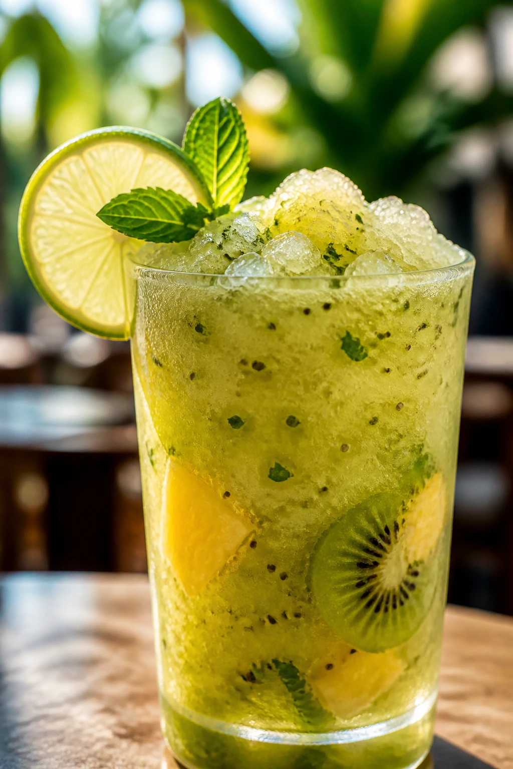 Close-up of kiwi pineapple slush in a frosty glass with mint and lime on a sunlit outdoor table