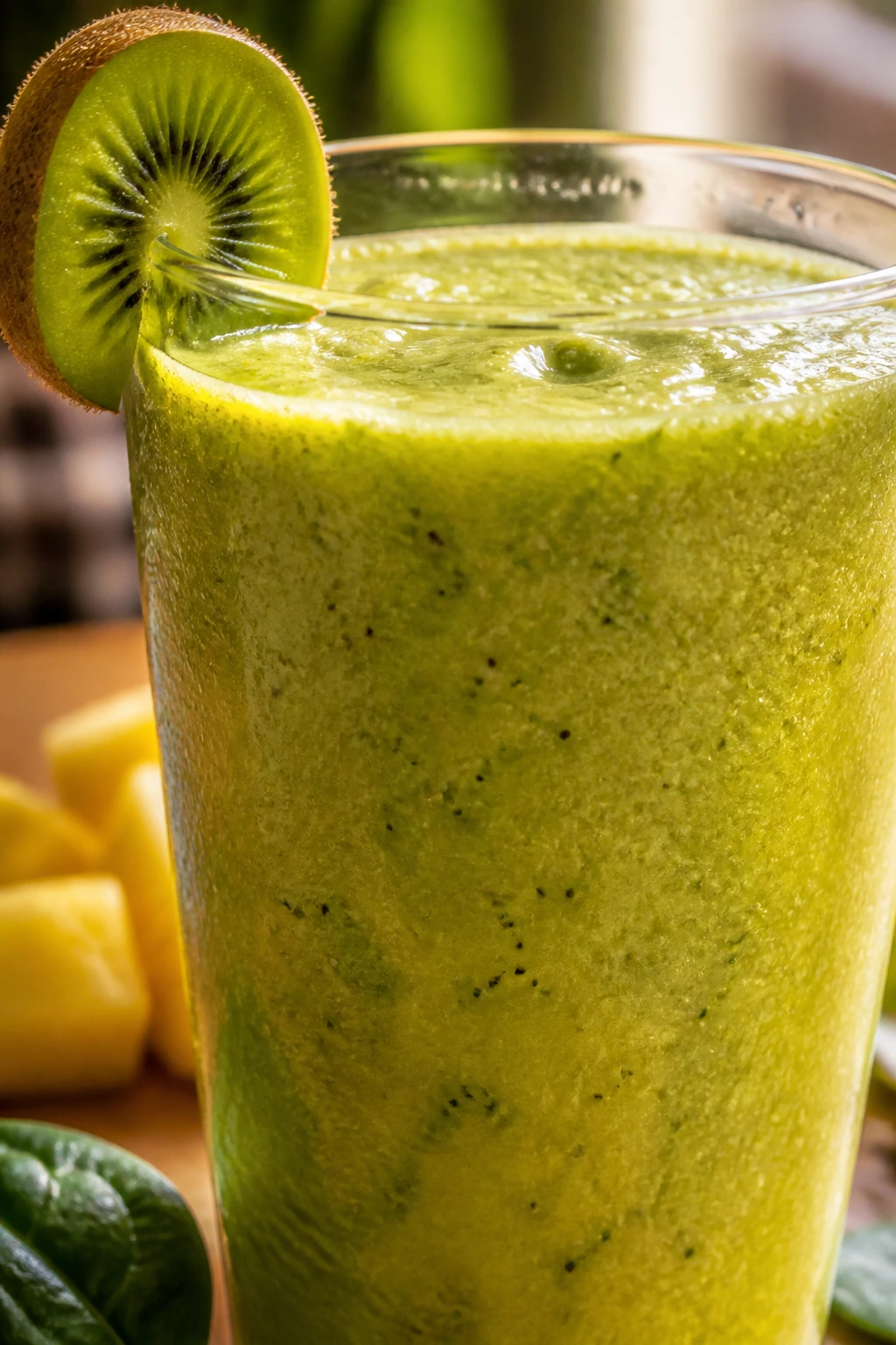 Close-up of kiwi pineapple spinach smoothie in glass on sunlit kitchen counter
