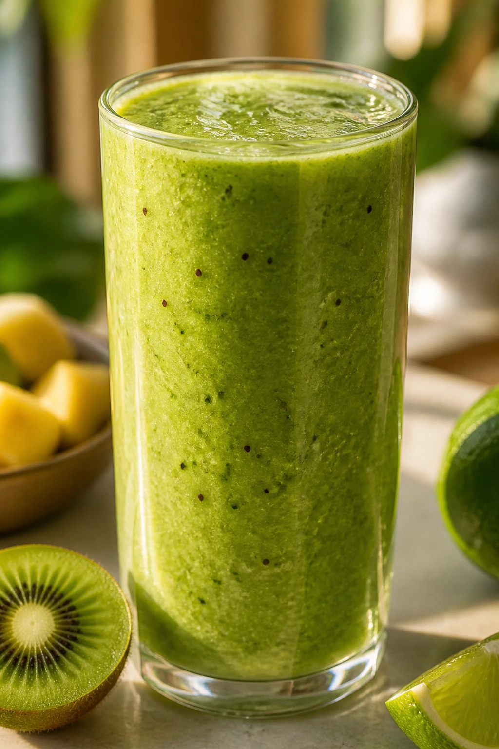 Close-up of a vibrant kiwi-lime smoothie in a glass on a sunlit kitchen counter
