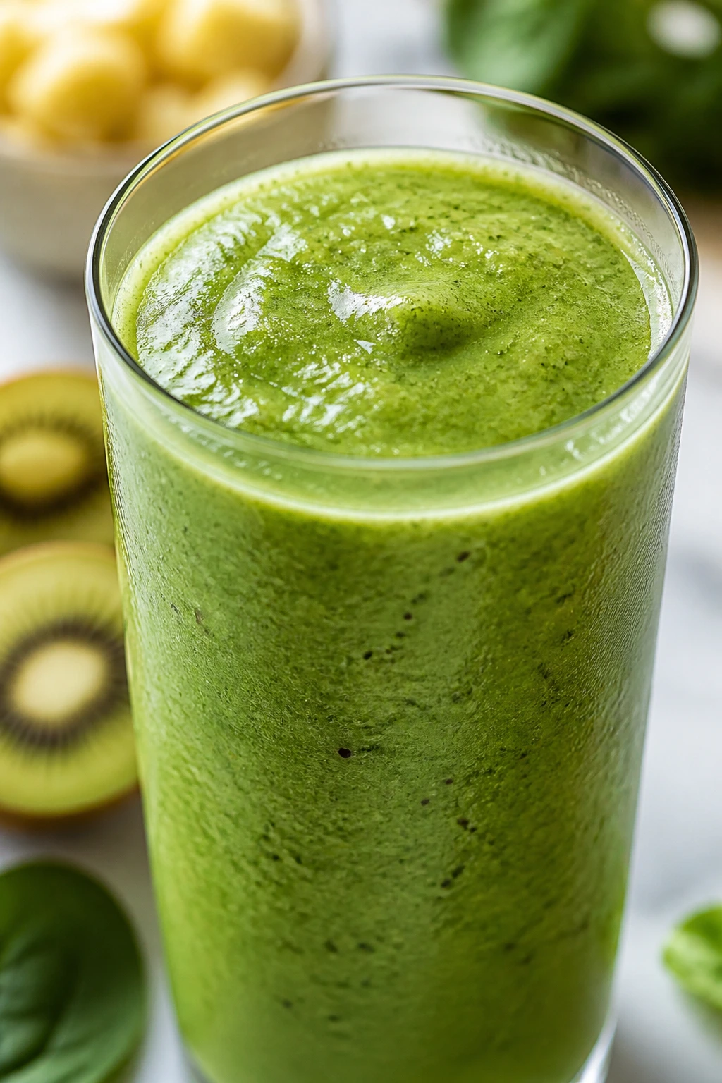 Close-up of Green Goddess Kiwi Smoothie in glass on kitchen counter