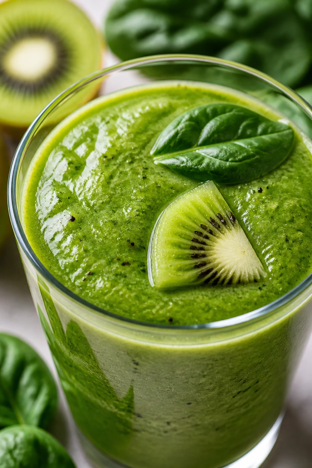 Close-up Green Kiwi Spinach Smoothie in glass on clean counter
