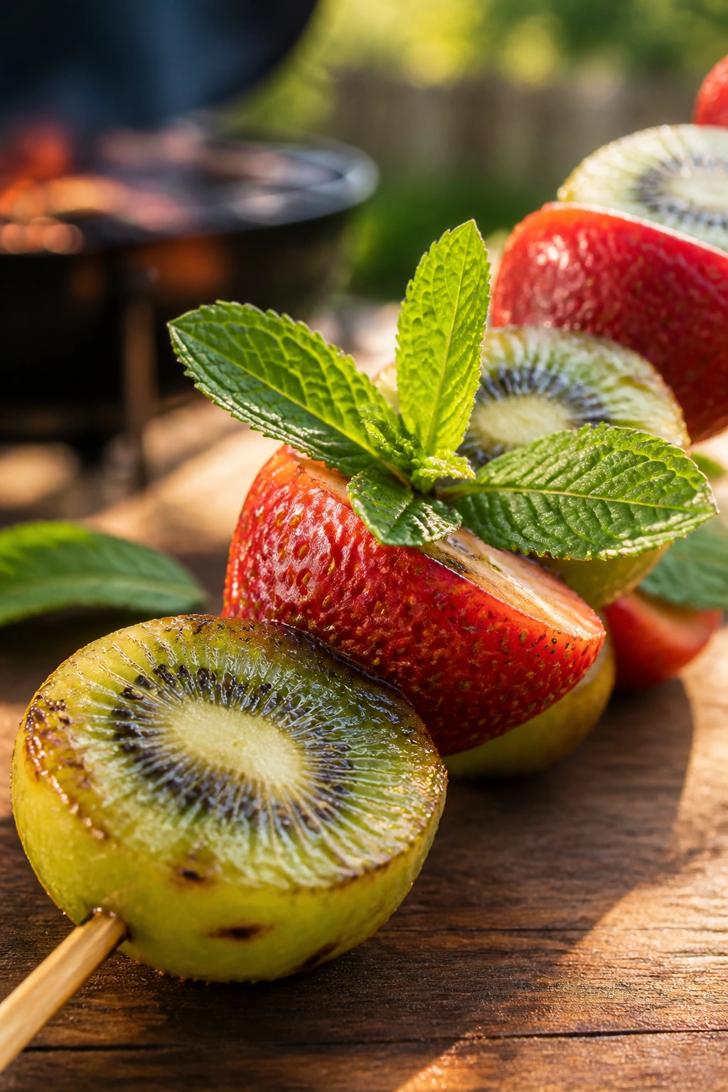 Close-up of Kiwi Strawberry Mint Skewers on wood