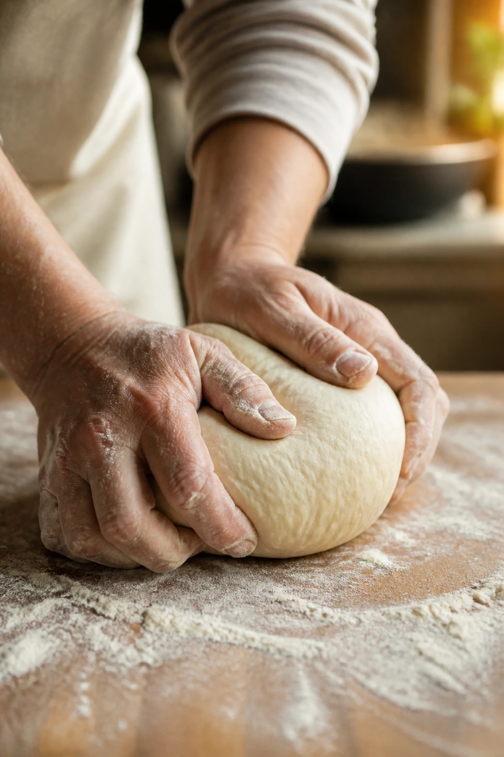 Hands kneading dough to a smooth and elastic texture