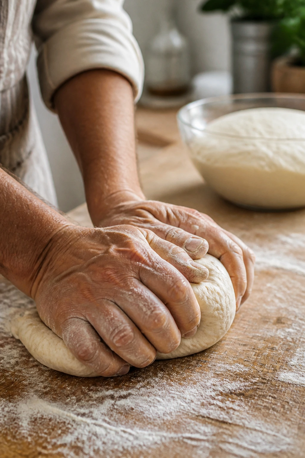 Hands kneading dough on a floured surface