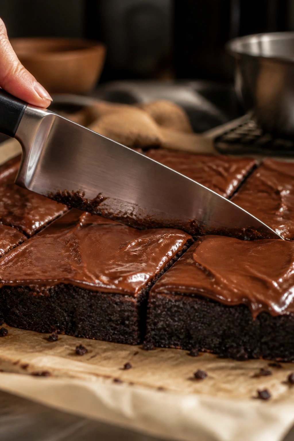 Close-up of a chef's knife slicing brownie for clean edges