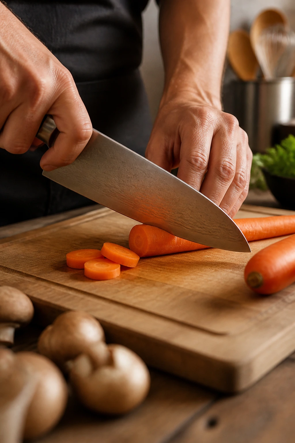 Chef's knife on cutting board ready to slice carrot