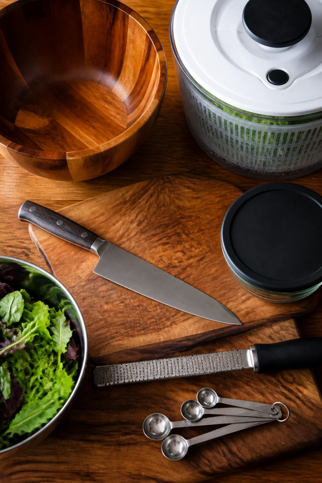 Close-up of essential chopping tools on a prep surface, ready for salad prep.