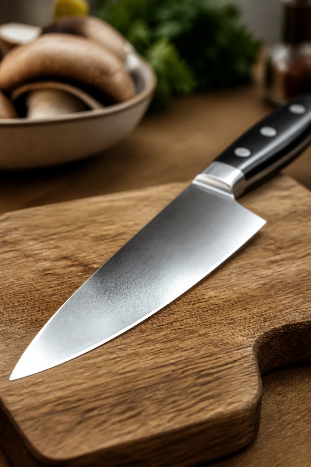 Close-up of sharp knife blade on cutting board