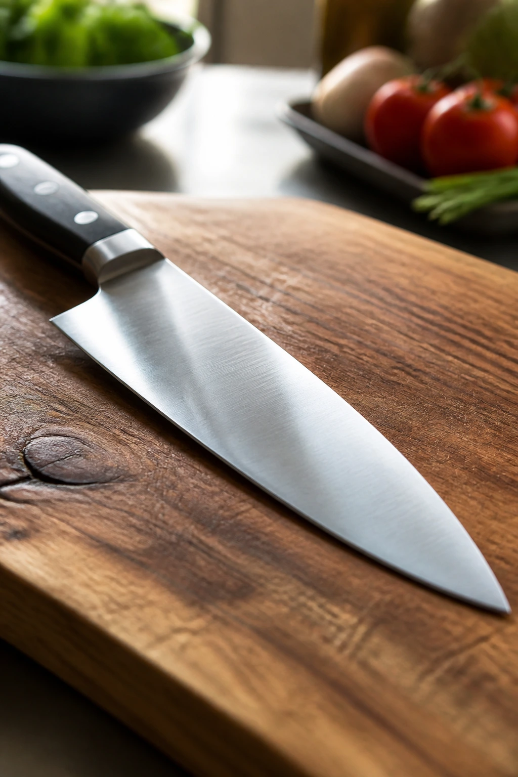 Close-up of a sharp chef’s knife on a wooden cutting board in a home kitchen