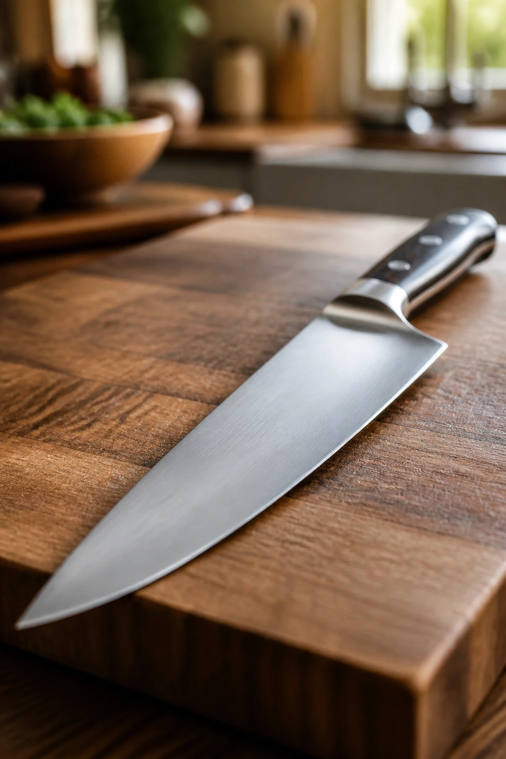 Close-up of a sharp chef's knife on a wooden cutting board in a bright kitchen