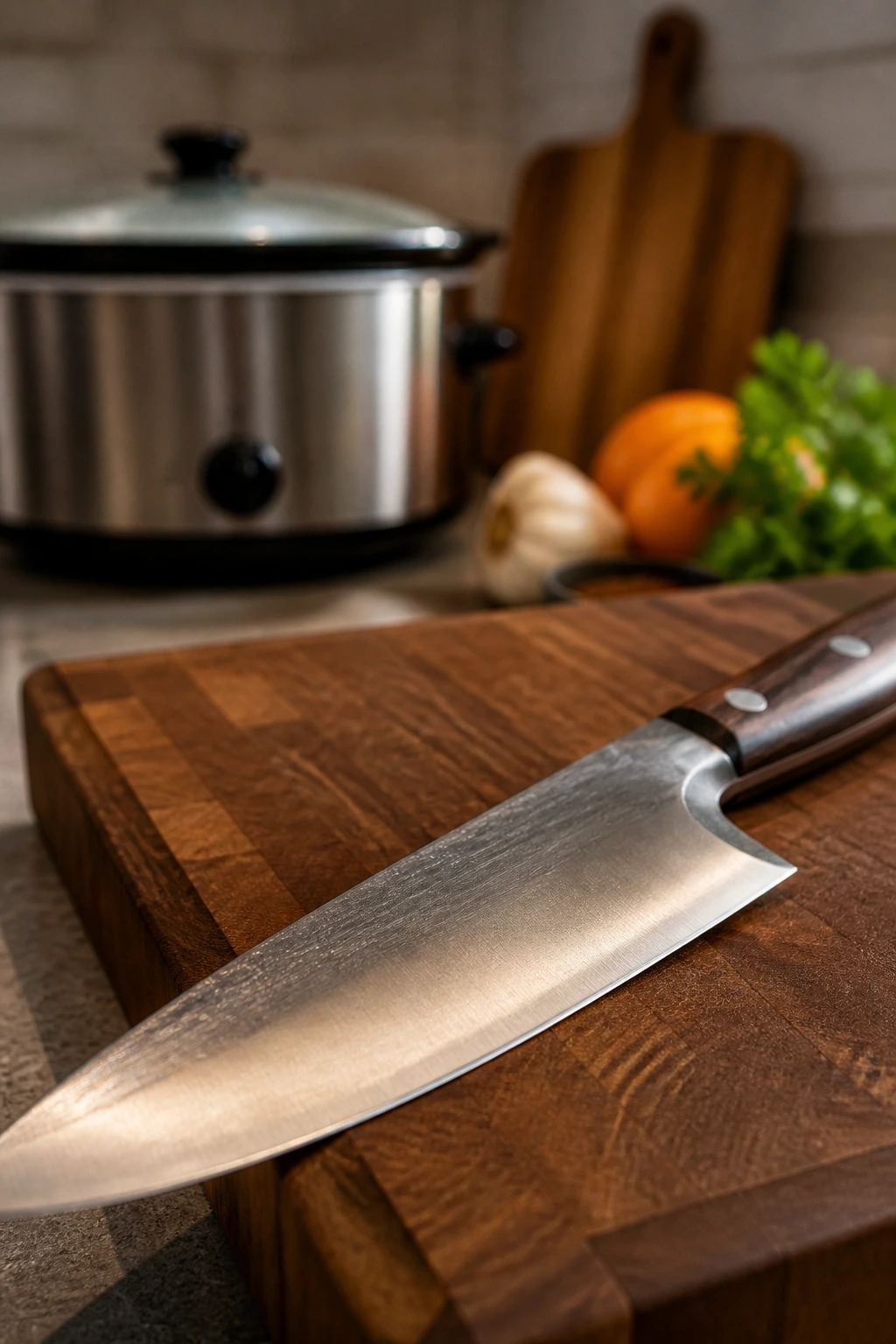 Sharp chef's knife on cutting board in kitchen