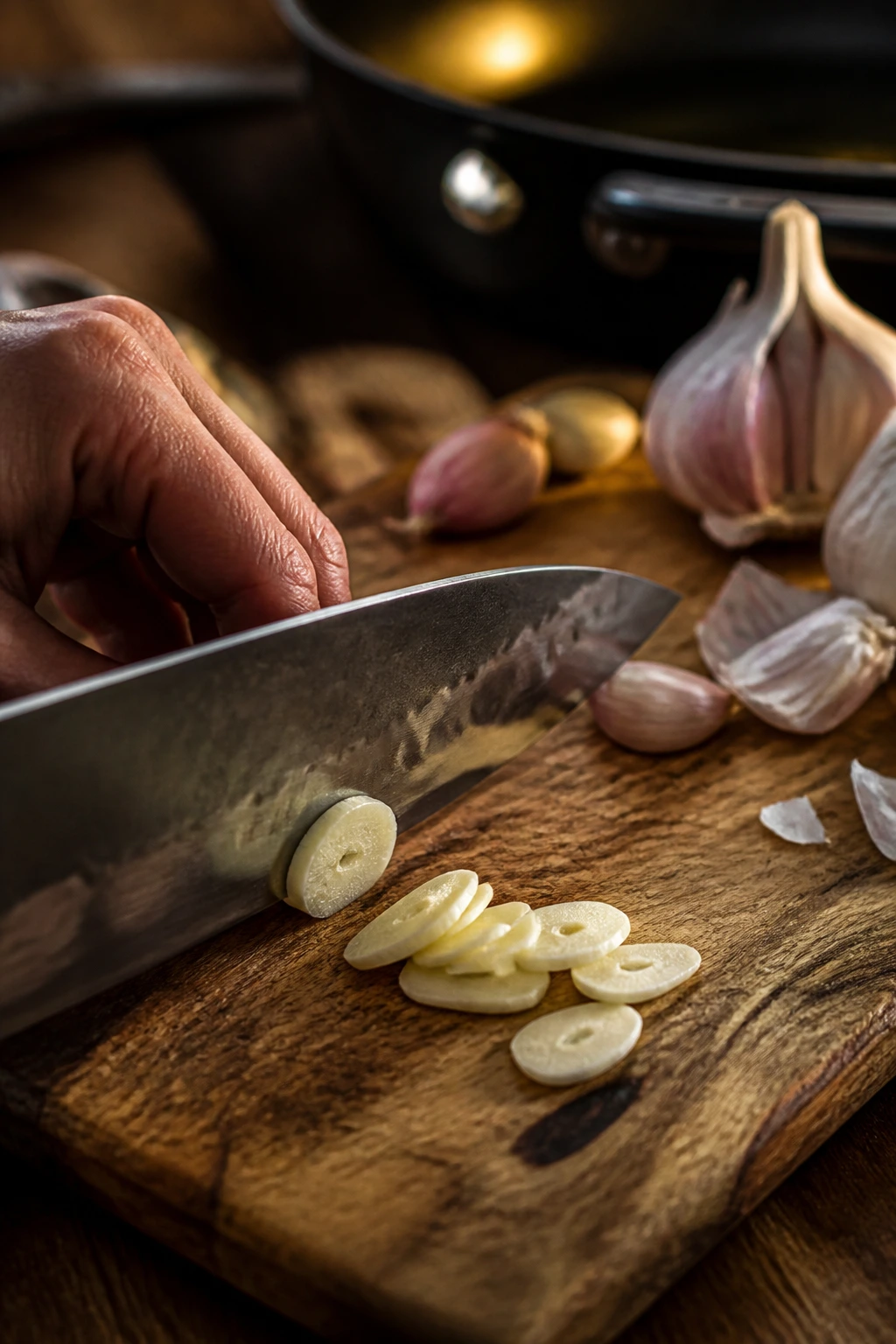 Chef’s knife slicing garlic on a wooden cutting board with a skillet in the background.