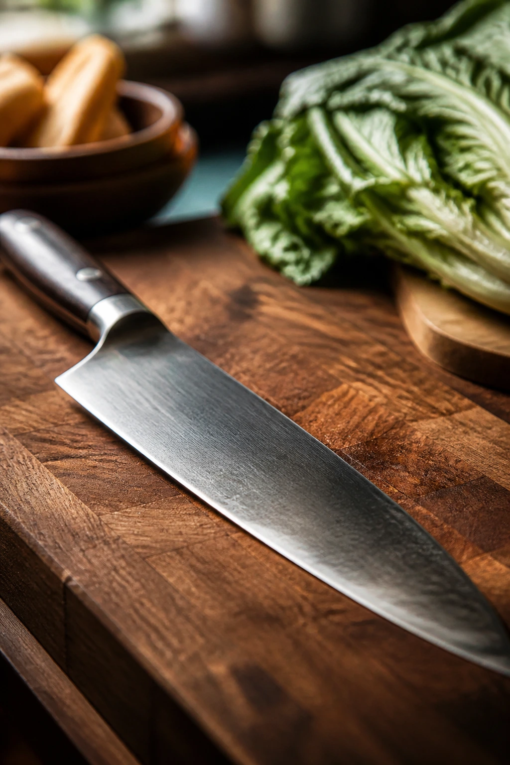 Chef's knife dominating the frame on a cutting board