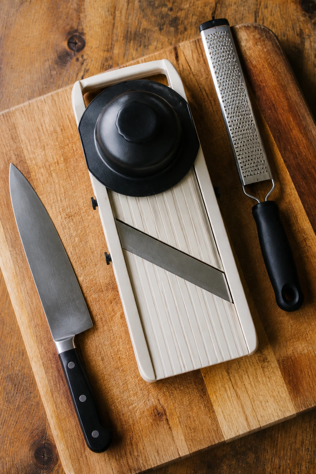Top-down arrangement of kitchen prep tools for slaw making