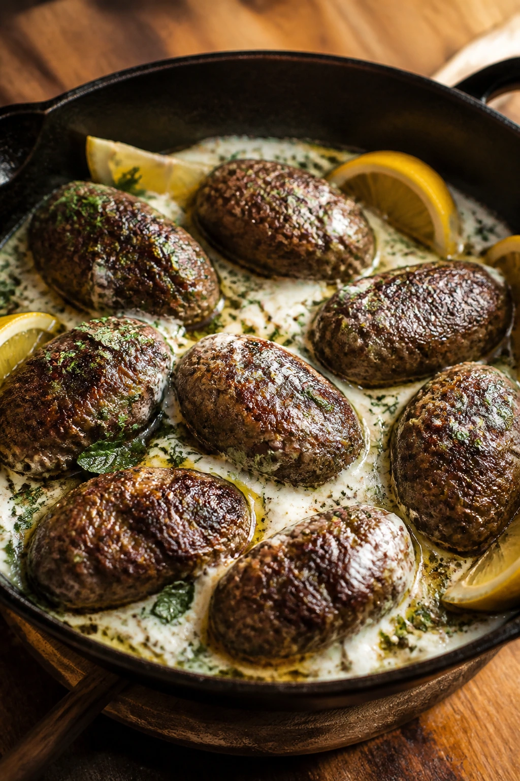 Close-up of kofta style beef skillet with yogurt sauce