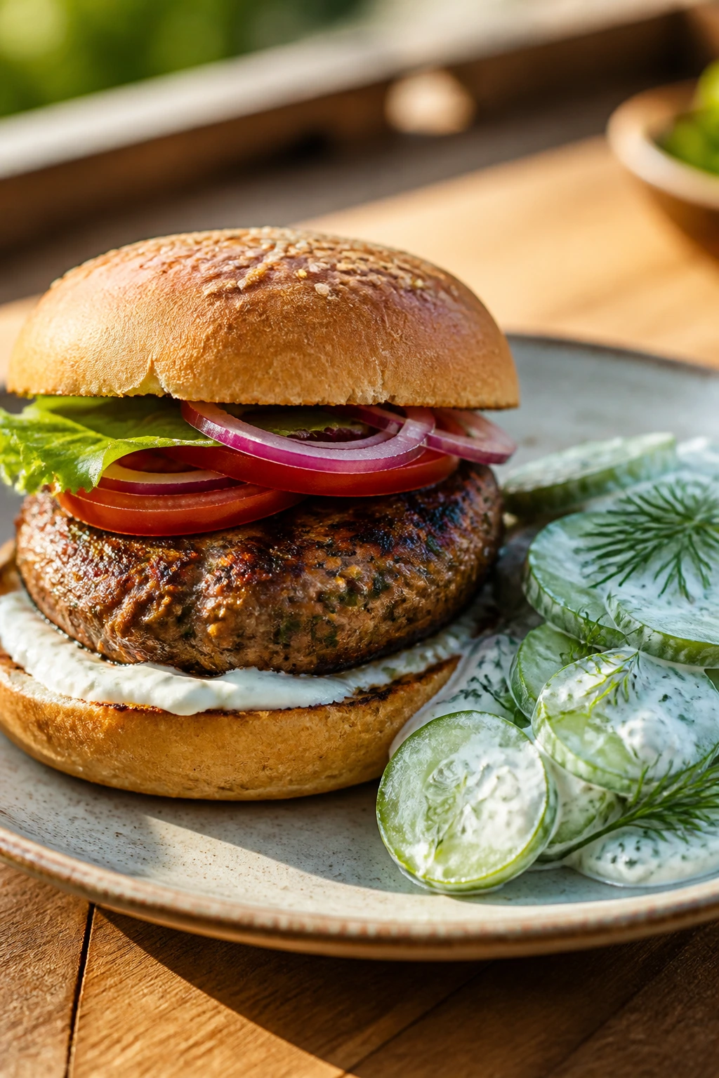 Kofta burger with cucumber-dill salad on plate