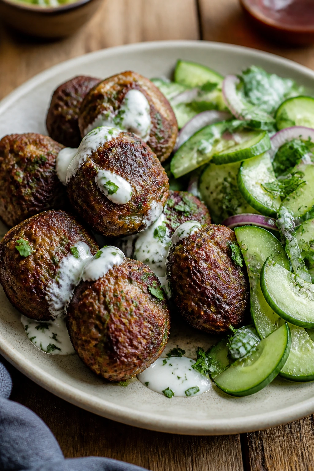 Close-up of kofta meatballs with cucumber salad on a rustic wooden table