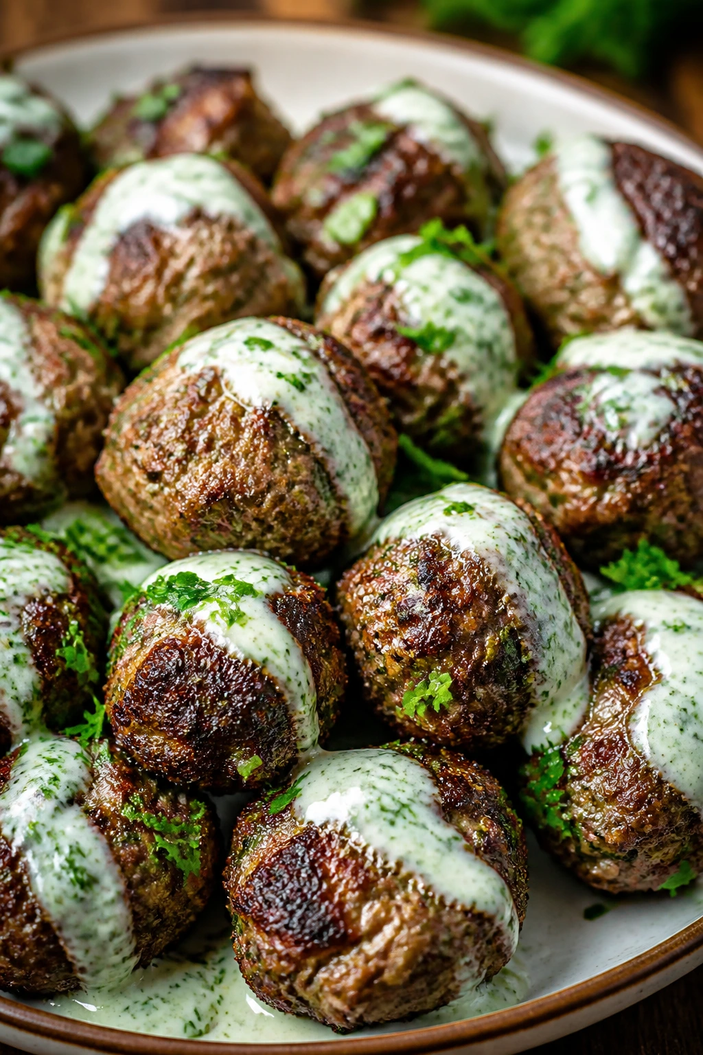 Kofta meatballs with mint yogurt on a plate
