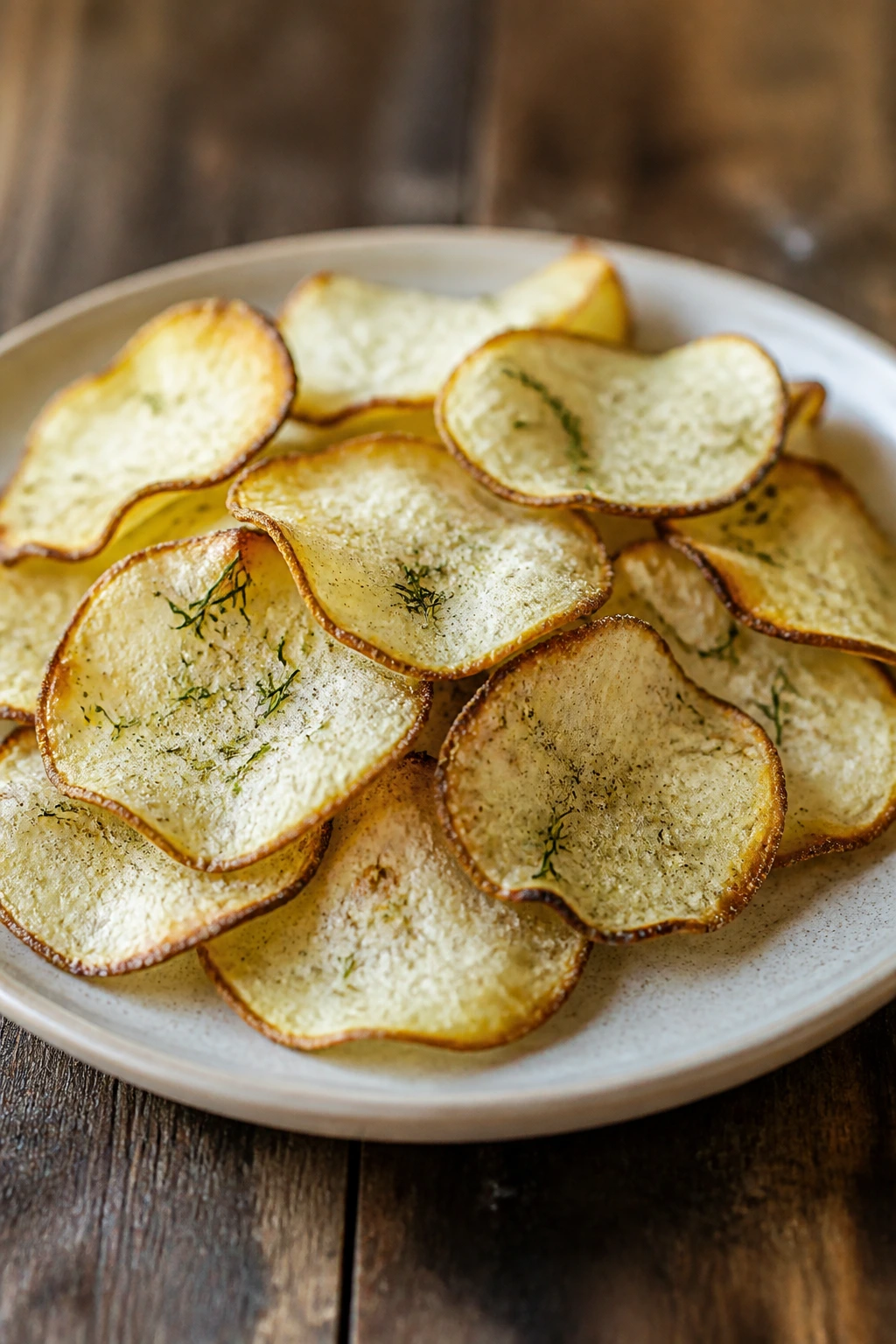 Close-up of kohlrabi chips with dill salt on a plate