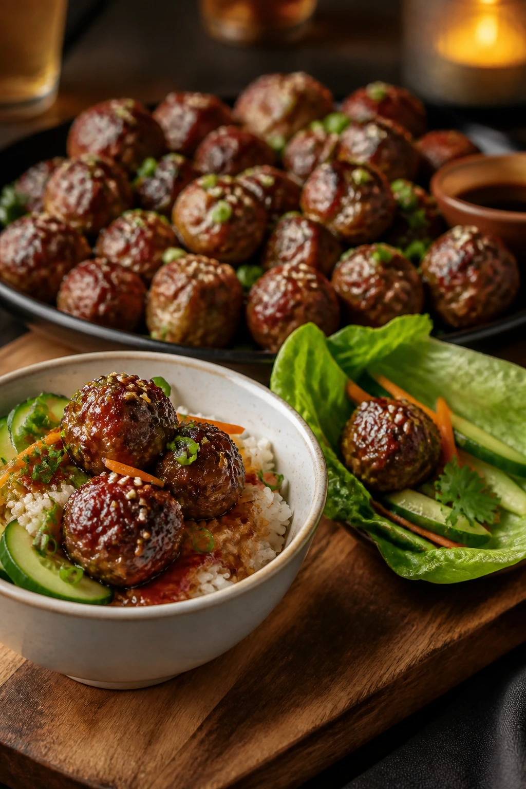 Meatballs shown in bowl, lettuce wrap, and party tray illustrating serving options