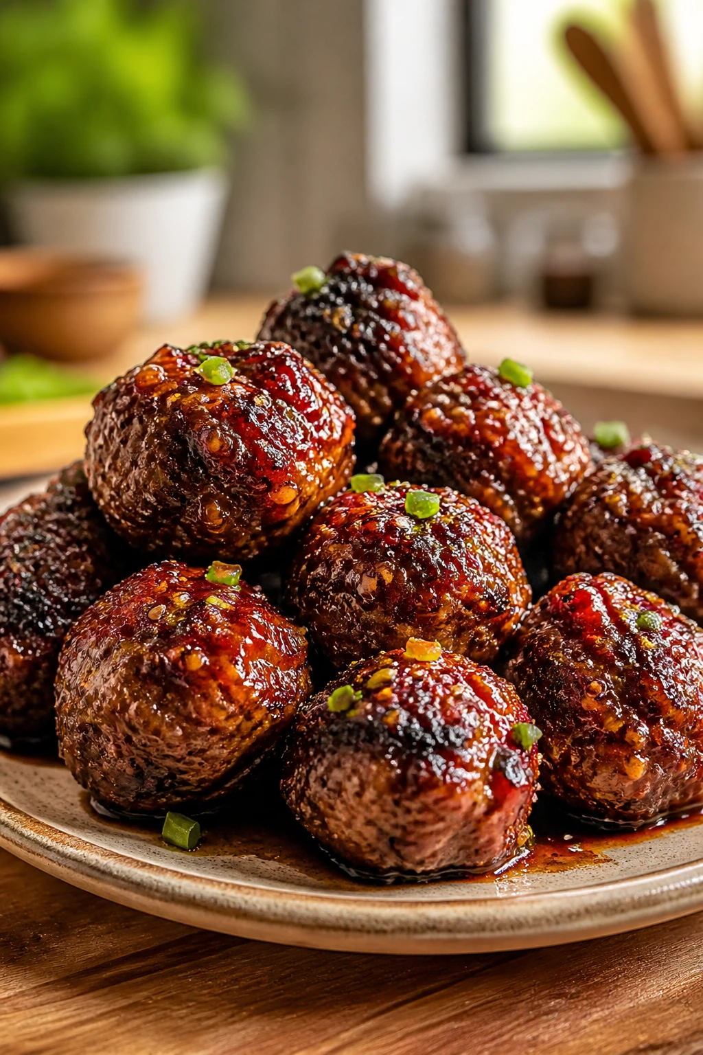 Close-up of glossy glazed Korean BBQ meatballs on a ceramic plate in a warm kitchen
