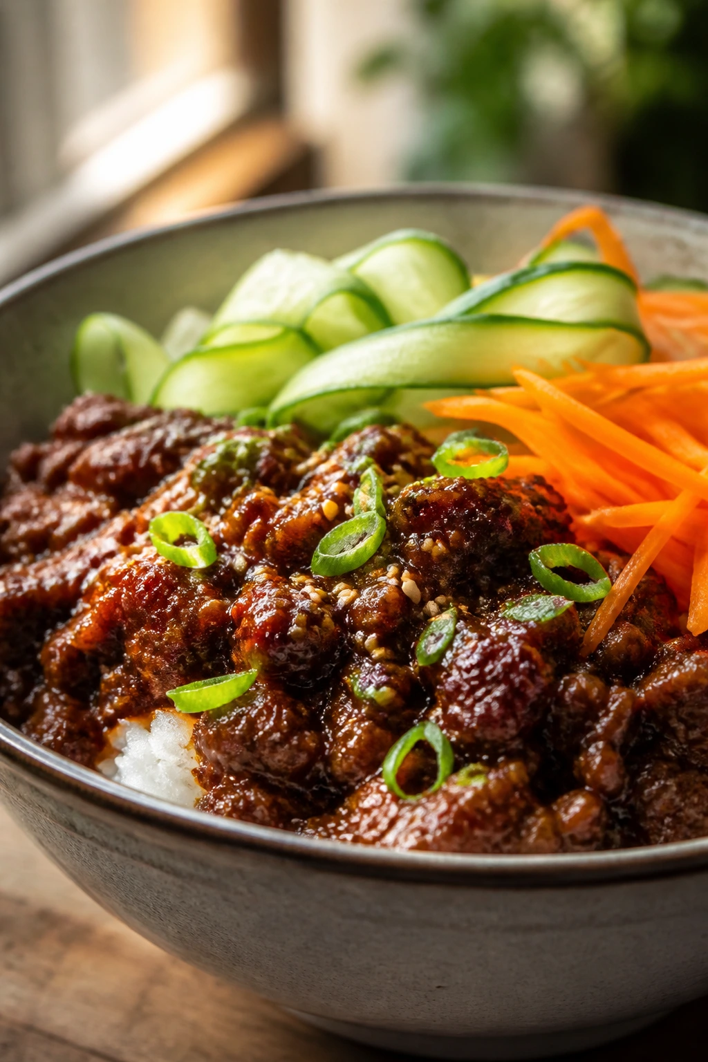 Close-up of glossy Korean beef bowl with cucumber and carrot toppings in a bowl