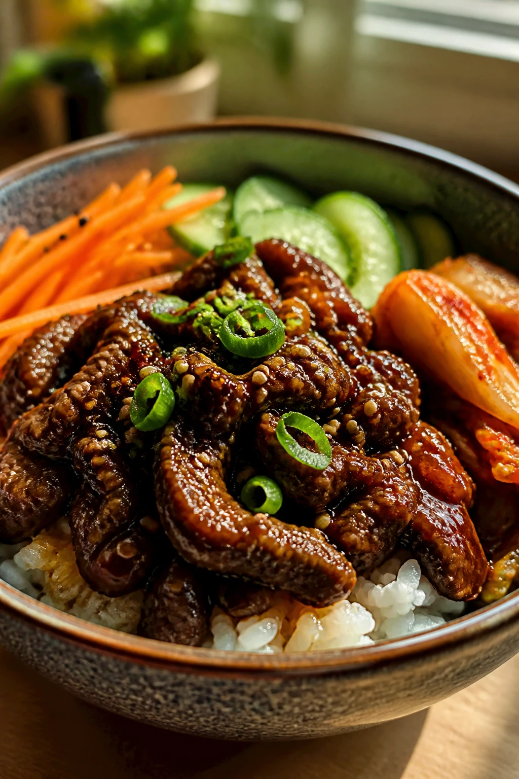Korean beef bowl with vibrant toppings in a sunlit kitchen.