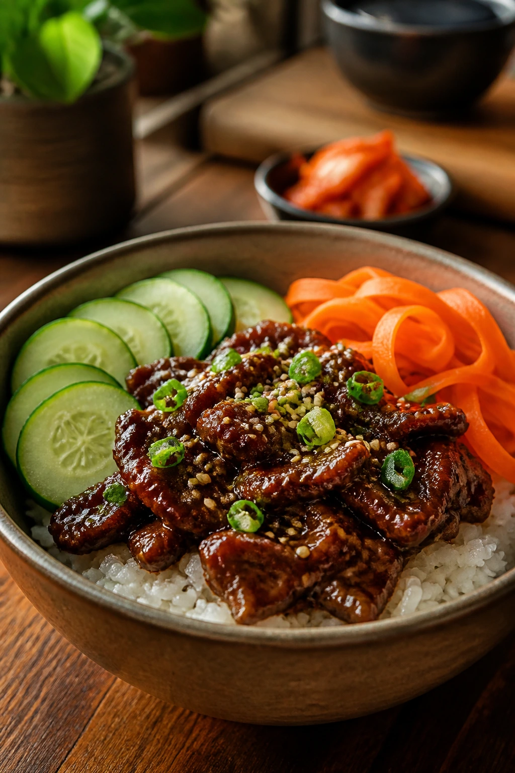 Close-up of a Korean beef bowl with rice base and cucumber and carrot toppings.