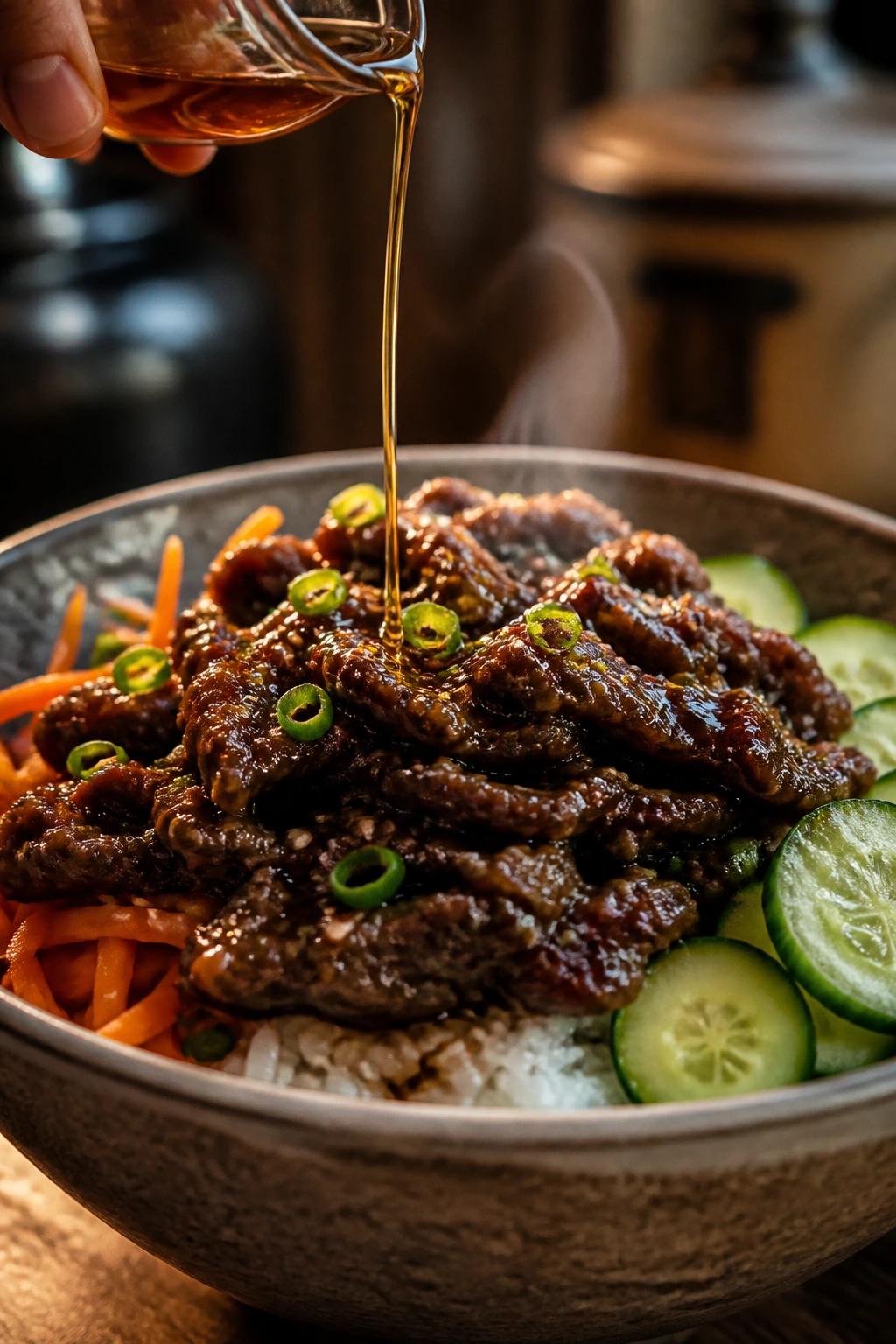 Korean beef bowl with glossy sauce and sesame oil shine.
