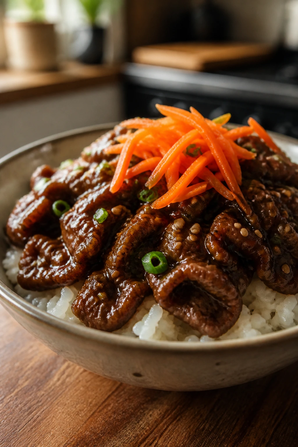 Beef bowls with glossy sauce over rice in a ceramic bowl on a wooden table