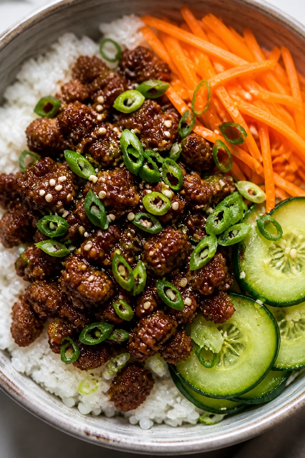 Top-down view of Korean-style beef rice bowls with vegetables