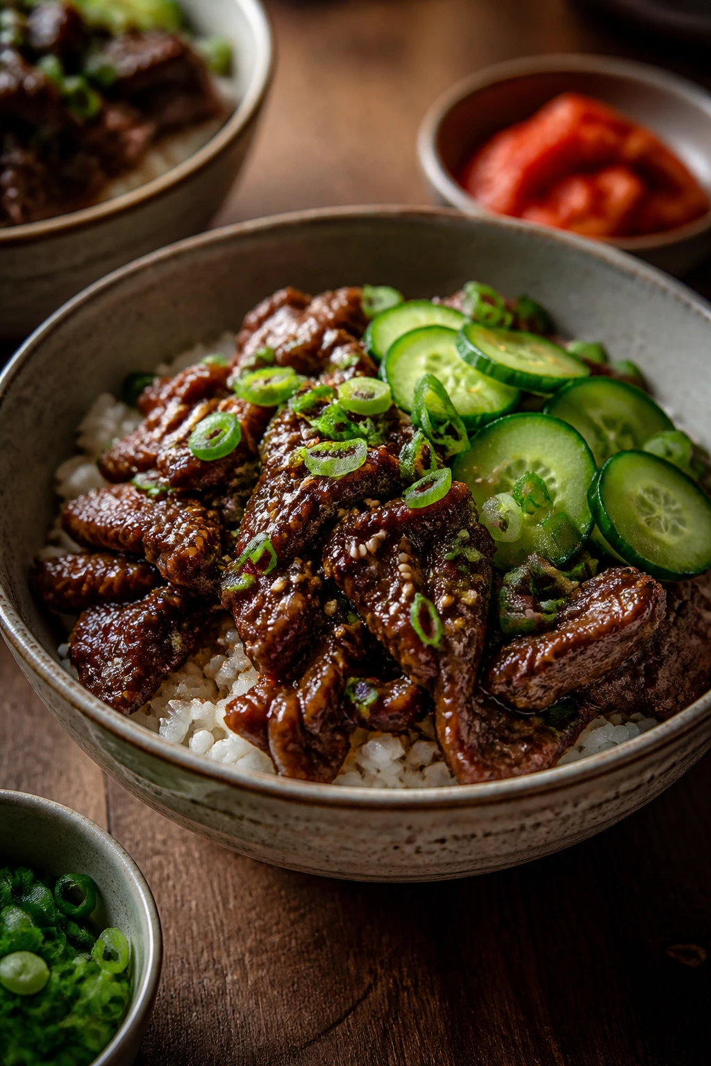 Beef bowl with rice and toppings on a wooden table