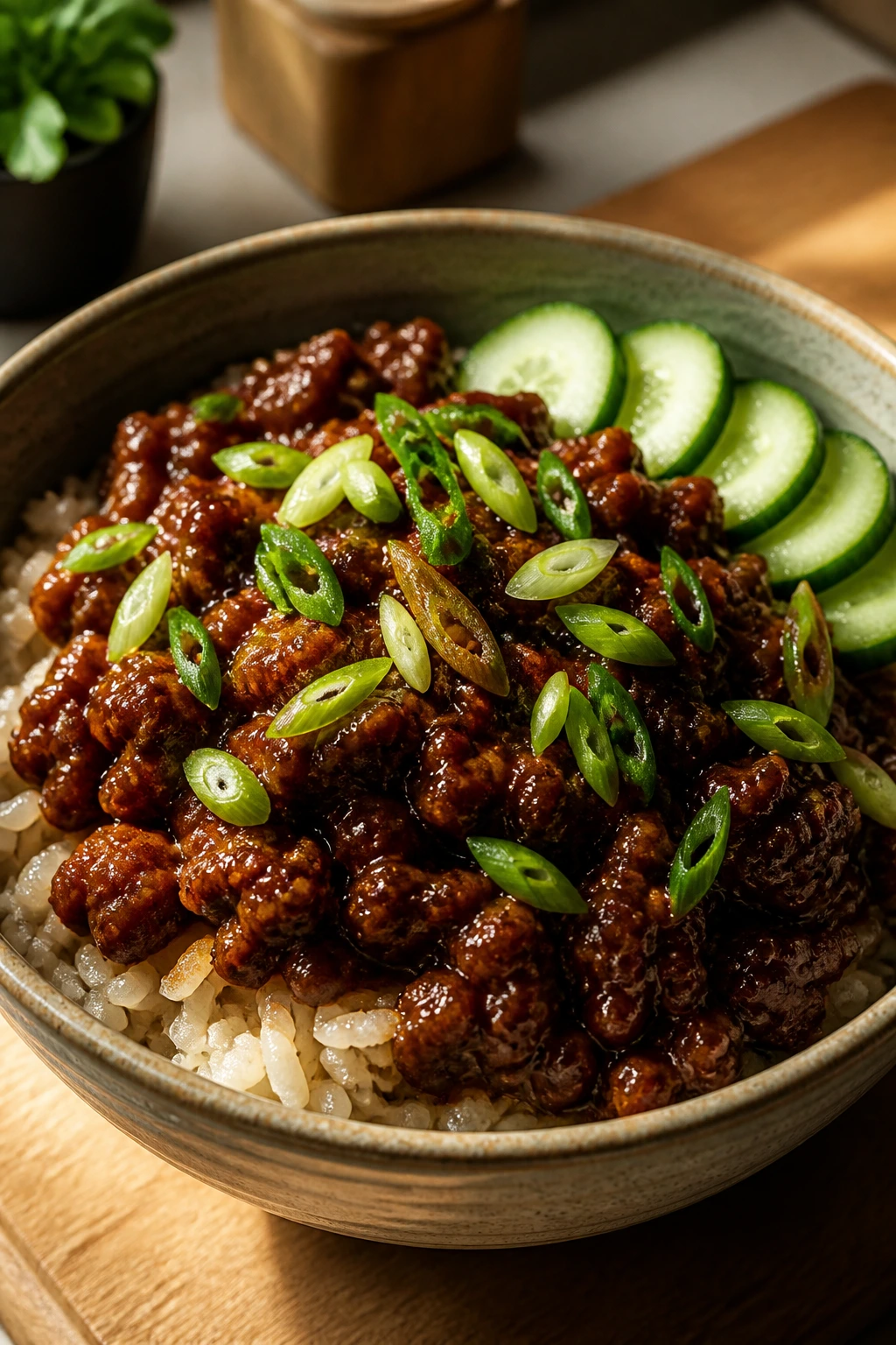 Korean beef bowls with gochujang glaze over rice and cucumber